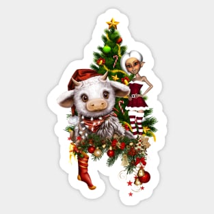 Cute christmas cow with little elf and christmas tree Sticker